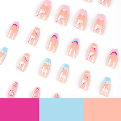 Uñas postizas con borde francés multicolor Rainbow Cloud Love, venta al por mayor, uñas removibles 365nails