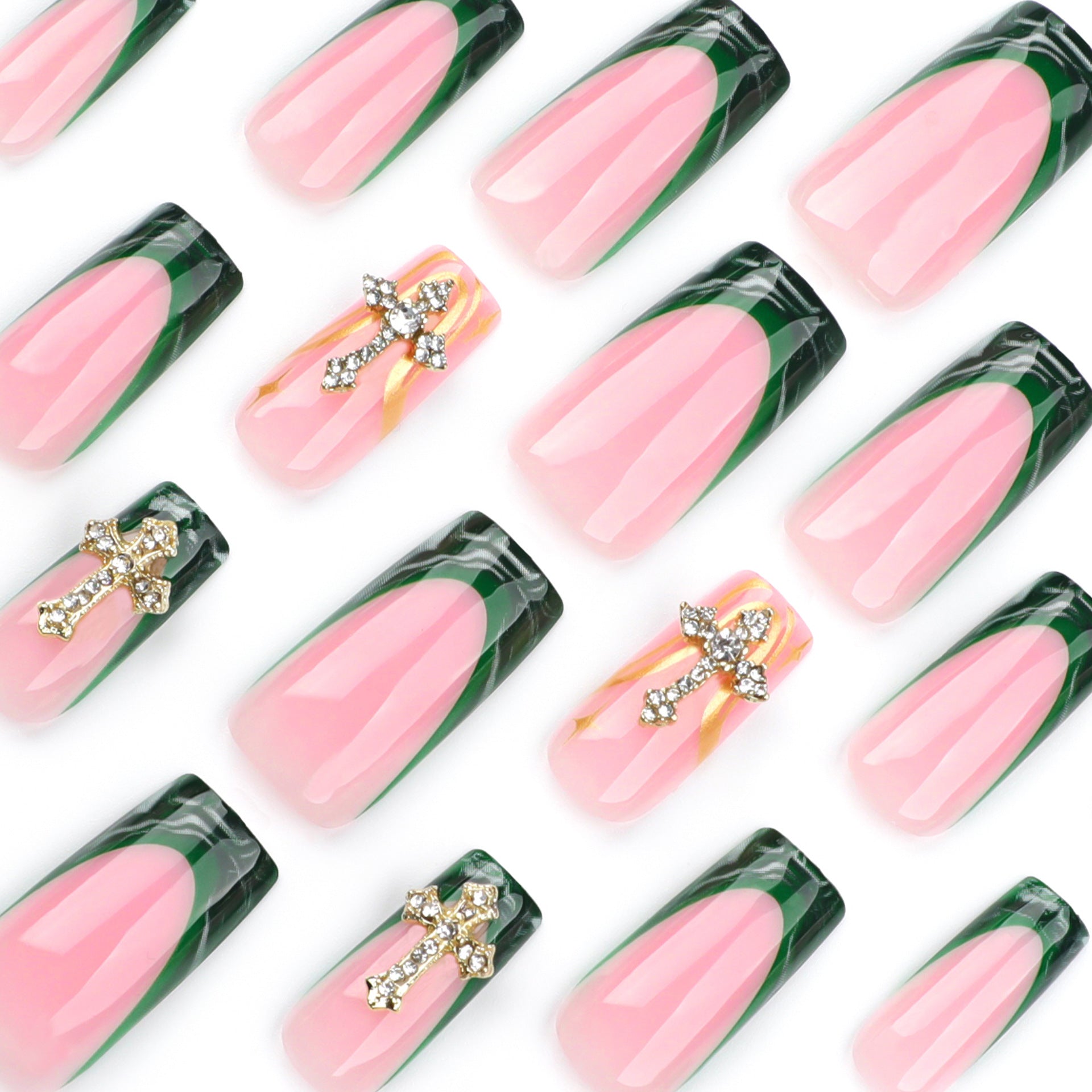 Manicure francesa com manchas verdes e diamante falso em cruz de luxo ｜365nails