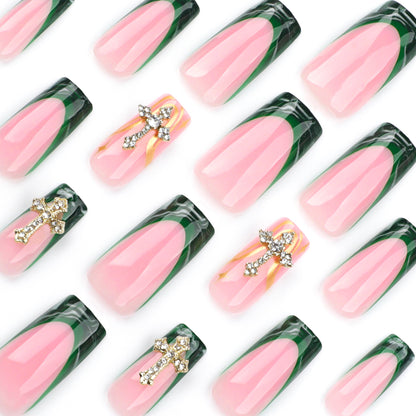 French green smudge manicure fake  gold dot diamond luxury cross    ｜365nails