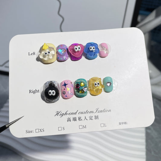 Candy color cartoon cute handmade press-on nails childlike fun small eyes sweet cool nail patch wearable nail sticker｜365nails