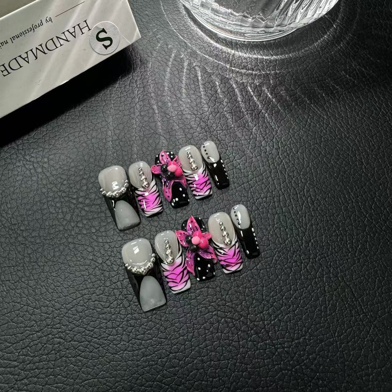 365nails: "Dark Romance" – 3D Butterfly Handmade Short Square Nails
