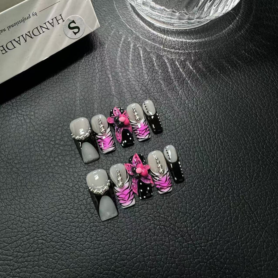 365nails: "Dark Romance" – 3D Butterfly Handmade Short Square Nails