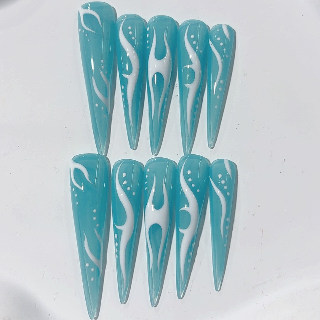 Aqua Flame Y2K Glossy Press On Nail Set