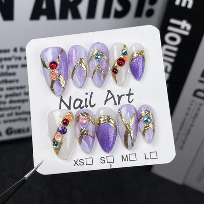 Handmade press on nails Dream Purple Baroque High Luxury Nail Art Finished Patch Watercolor Smudge Almond Nail｜365nails