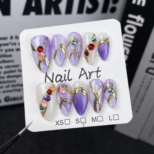 Handmade press on nails Dream Purple Baroque High Luxury Nail Art Finished Patch Watercolor Smudge Almond Nail｜365nails