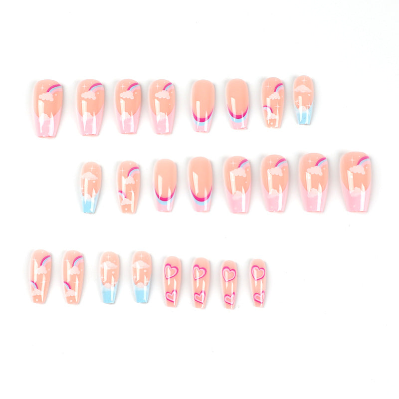 Pressione em Rainbow Cloud Multicolor French Edge Love Pressione em unhas Atacado Unhas Removíveis ｜ 365nails