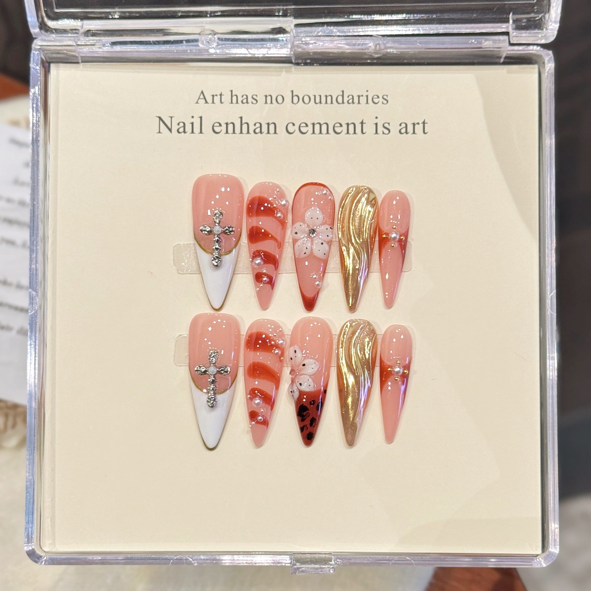 Peach Gold Floral Cross Glam Nails