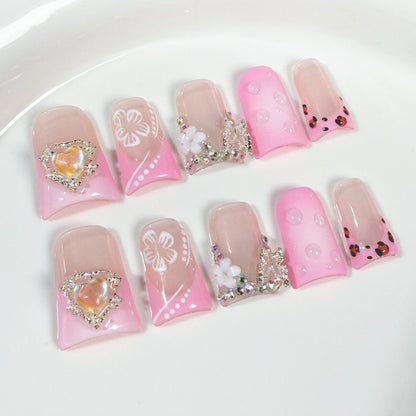 Duck bill nail sweet girl heart ice transparent blush nail leopard print French wearing armor pure handmade factory wholesale｜365nails