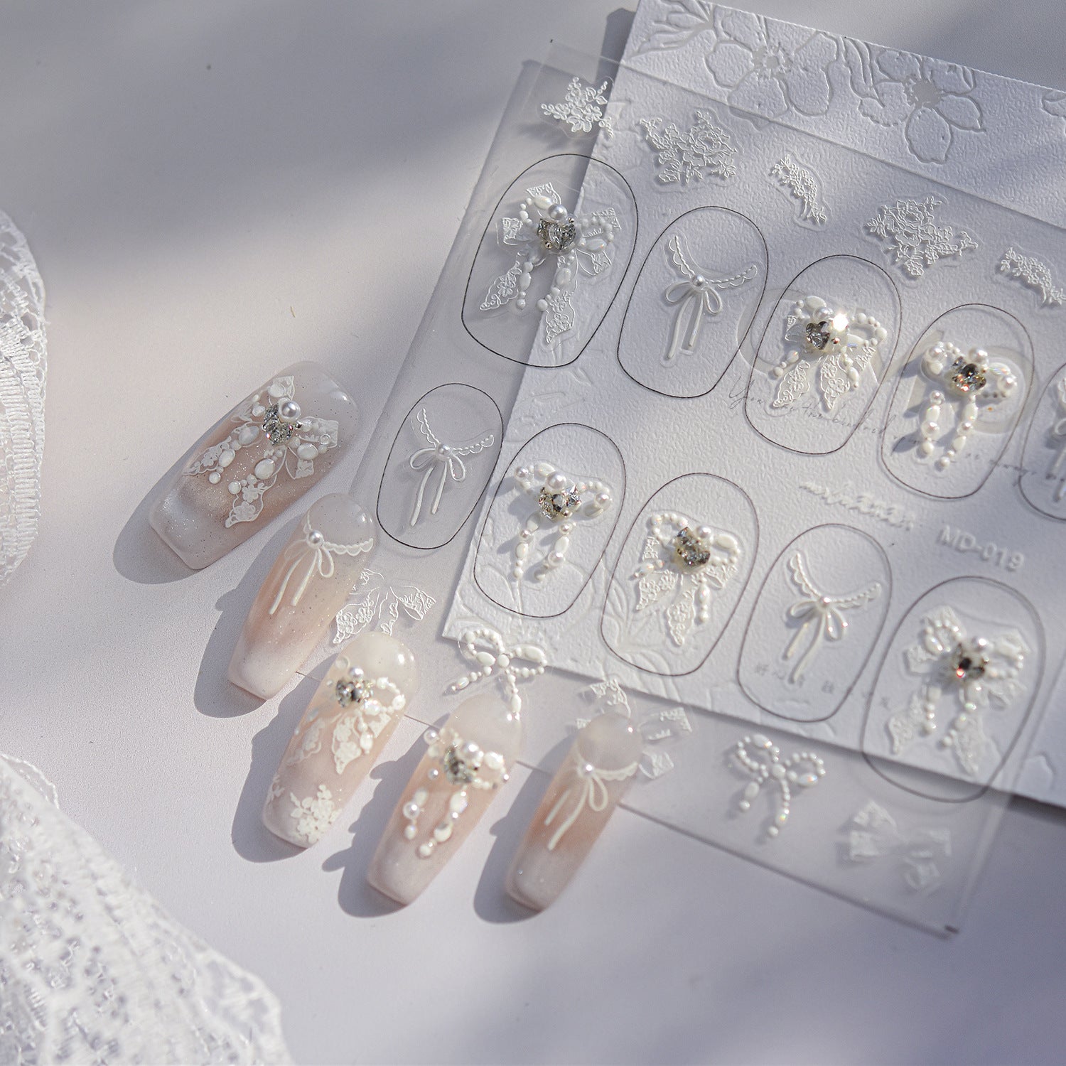 Pearl Bow & Lace Embroidery: "Bridal Crystal Charm" – 5D Embossed Nail Sticker