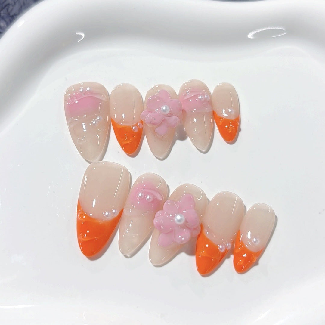 Peach Blossom: "Sunset Bloom" – Long Almond Press-On Nails