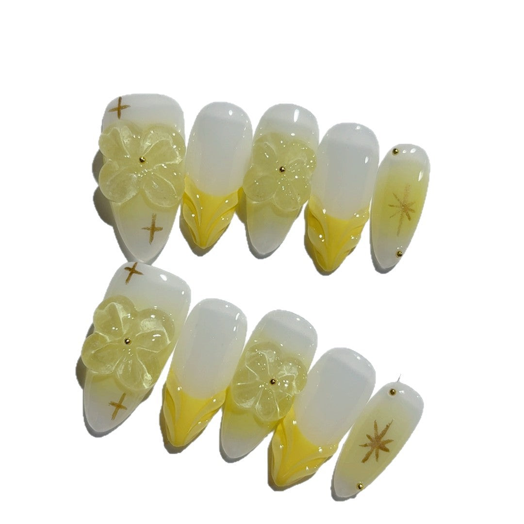365nails-Spring Whisper: "Buttercup Bloom" – Almond Shape Handmade 3D Carved Press-On Nails