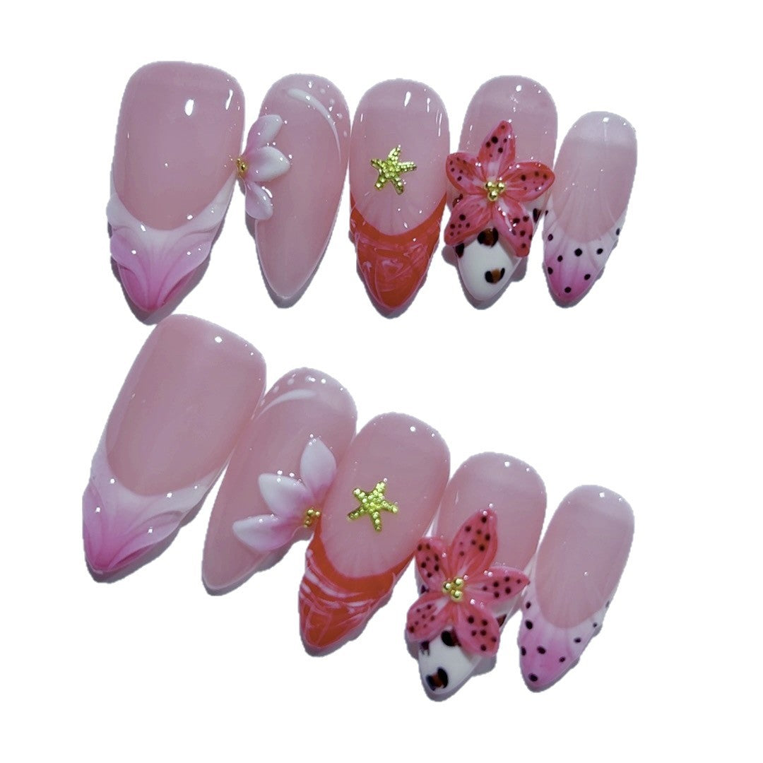 Whimsical Couture: "Strawberry Cow & Floral Fantasy" – Almond French Tip Press Ons