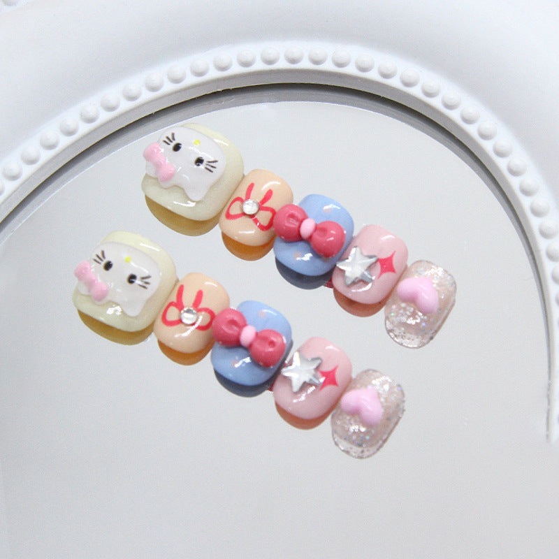 Uñas postizas con diseño de estrellas brillantes y divertidas para niños, con lazo de gato y viento | 365nails