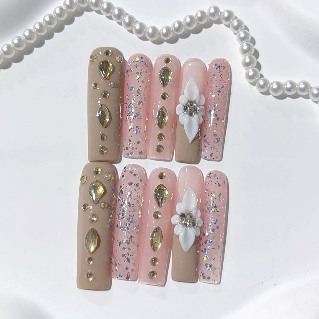 Blush Nude Crystal Floral Luxury Press On Nails