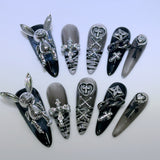 Gothic Press-On Nails with Silver Charms and Dark Gradient Style