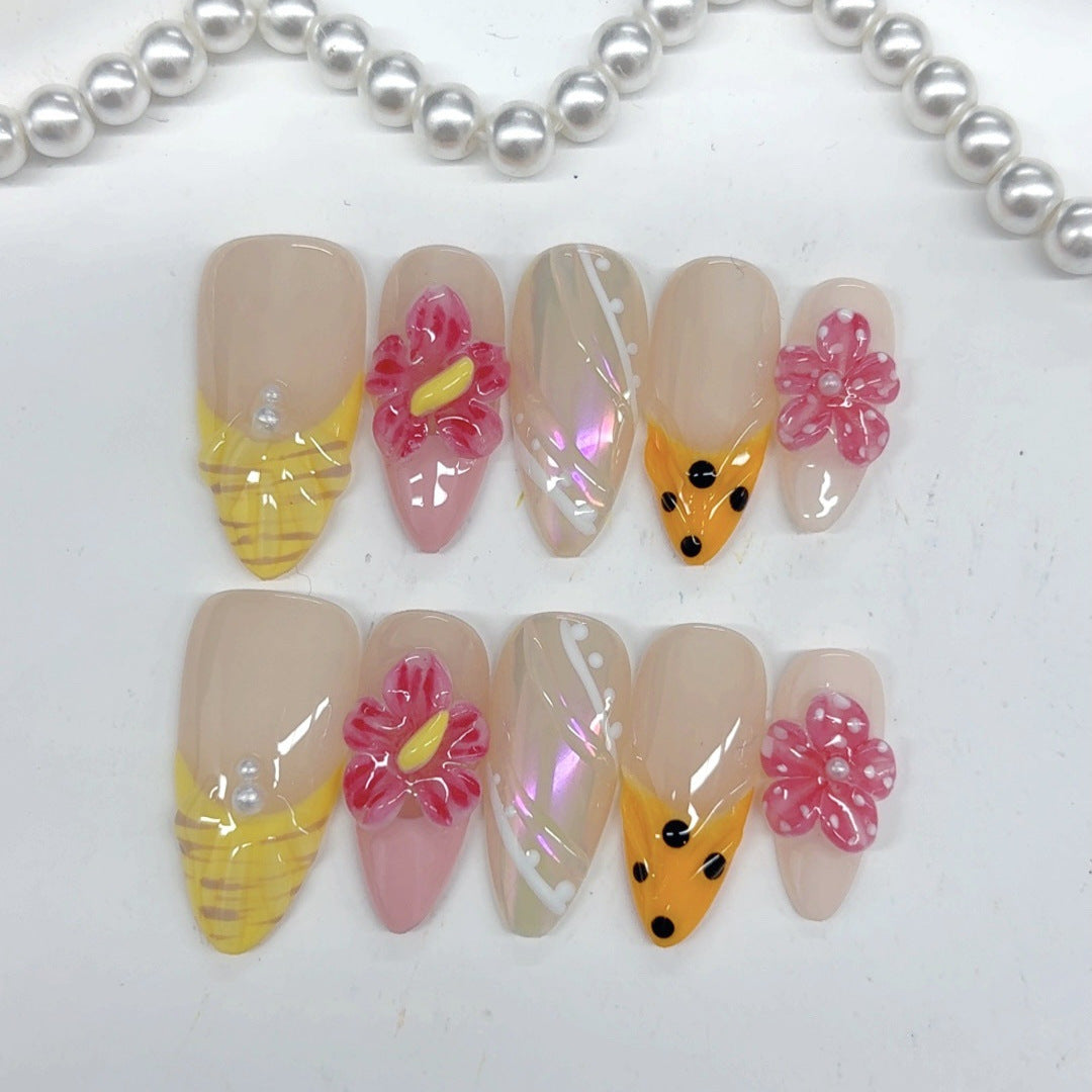 Summer Garden: "Bumblebee Bloom" – Medium Almond Handmade Press On Nails