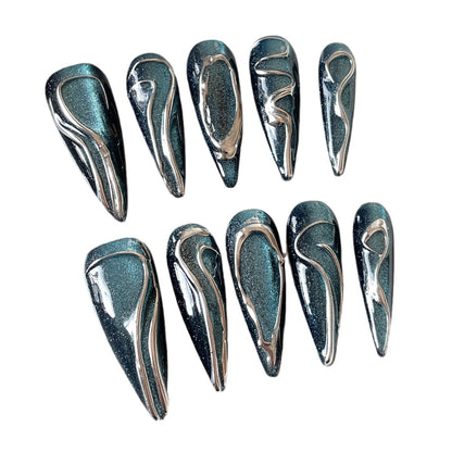 Blue star attractive force creative hand-painted pure Handmade press on nails cat eye irregular metal wind manicure｜365nails