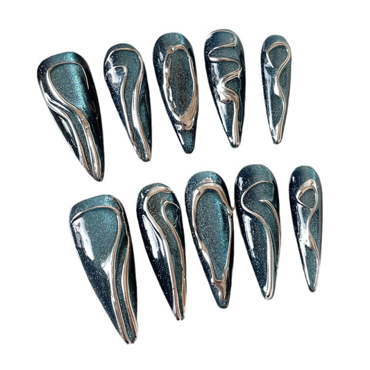 Blue star attractive force creative hand-painted pure Handmade press on nails cat eye irregular metal wind manicure｜365nails