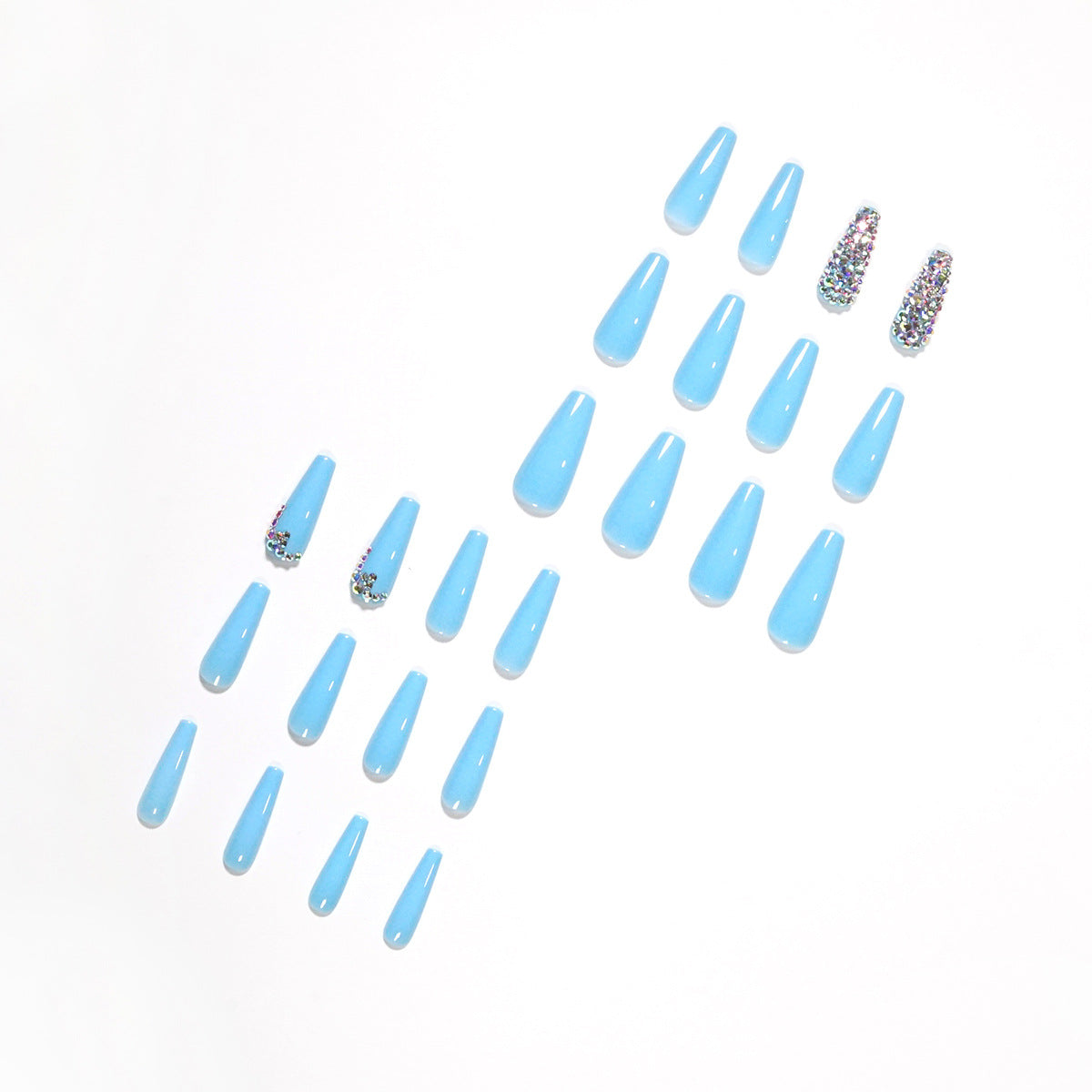 Unhas postiças com acabamento em diamante azul-celeste, unhas postiças com acabamento em diamante, remendo de unha removível ｜365nails