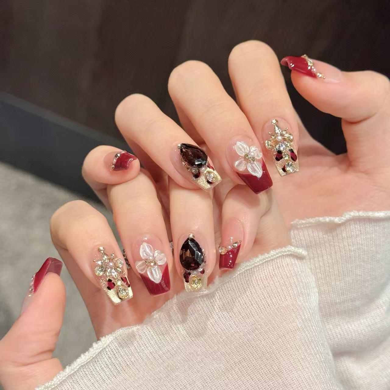 Glam Red Gold Long Crystal Almond Stiletto Nail Set