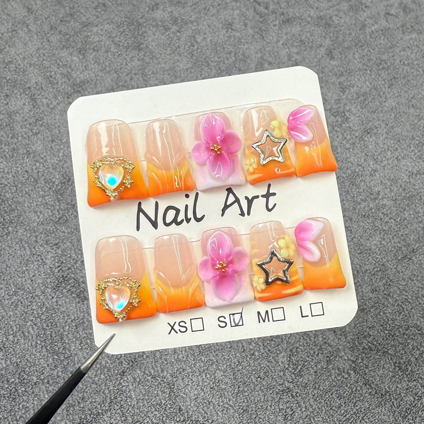 Duck beak nail orange pink magic three-dimensional engraving ice through gradual change press-on nails pure handmade fake nail wholesale｜365nails