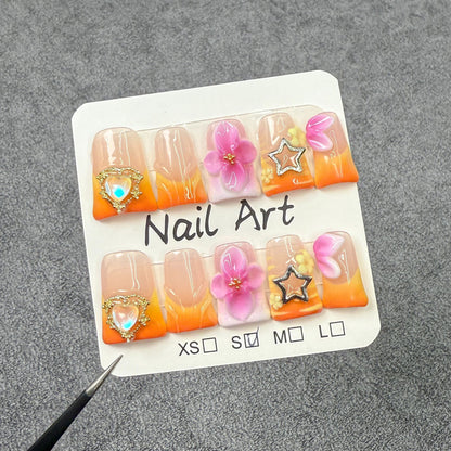 Duck beak nail orange pink magic three-dimensional engraving ice through gradual change press-on nails pure handmade fake nail wholesale｜365nails