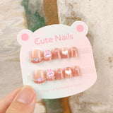 3D pink rabbit cat eye children wearing armor, three-dimensional love pearl nail patch, 10 cute fake nails for girls