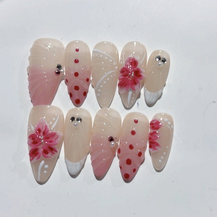 Blush Floral: "Pink Cherry Dots" – Almond Shape Handmade Press-Ons