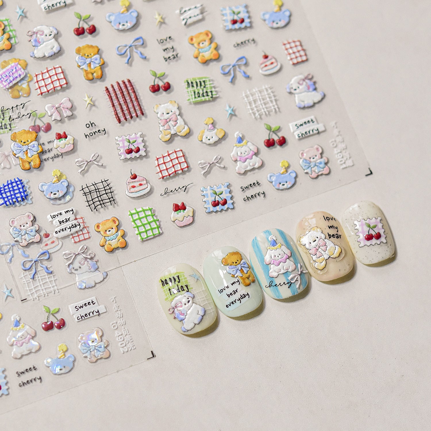 Embossed Teddy Bear & Bunny Nail Stickers – Sweet Cherry Gingham Set