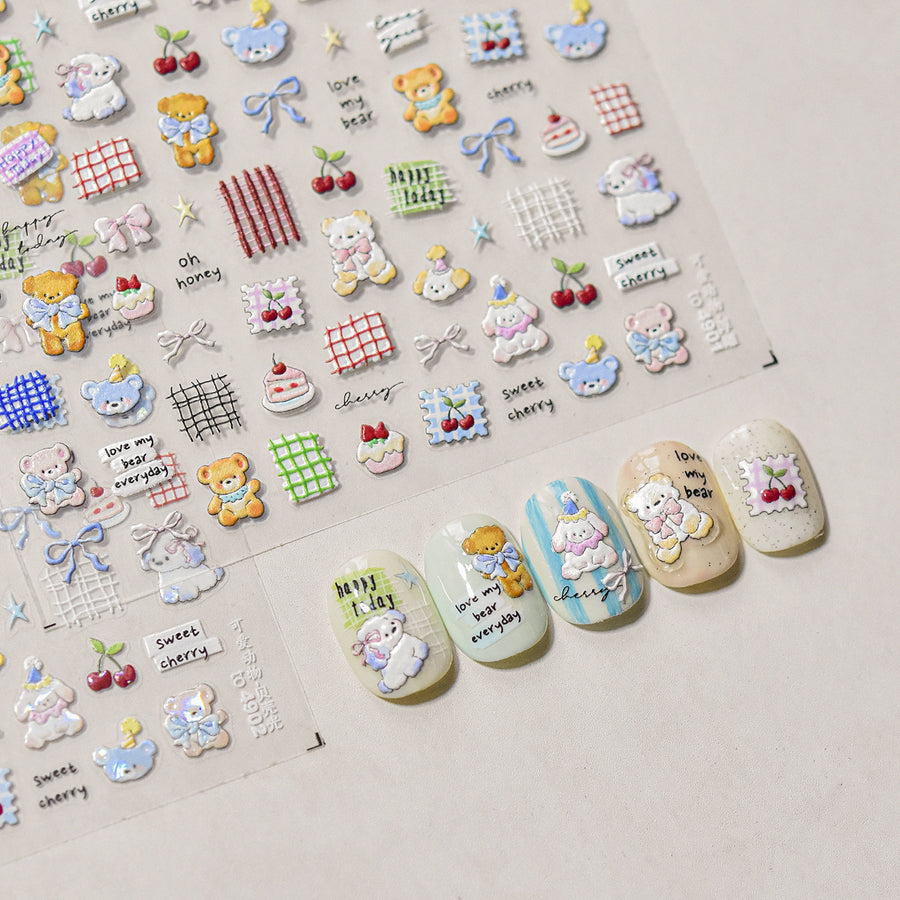 Embossed Teddy Bear & Bunny Nail Stickers – Sweet Cherry Gingham Set