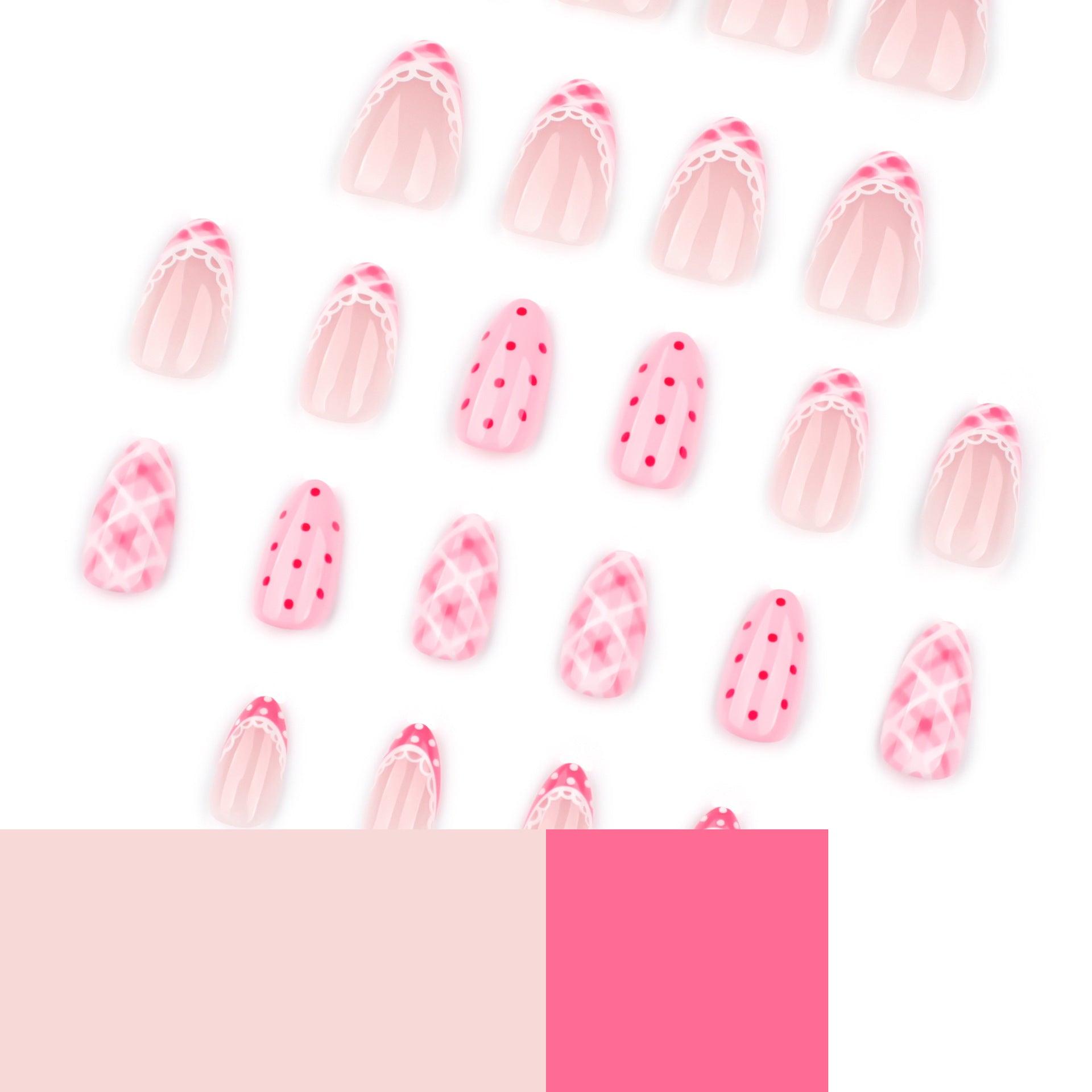 Short Almond Press On Nails with Pink Base & Red Polka Dot & Plaid Accents
