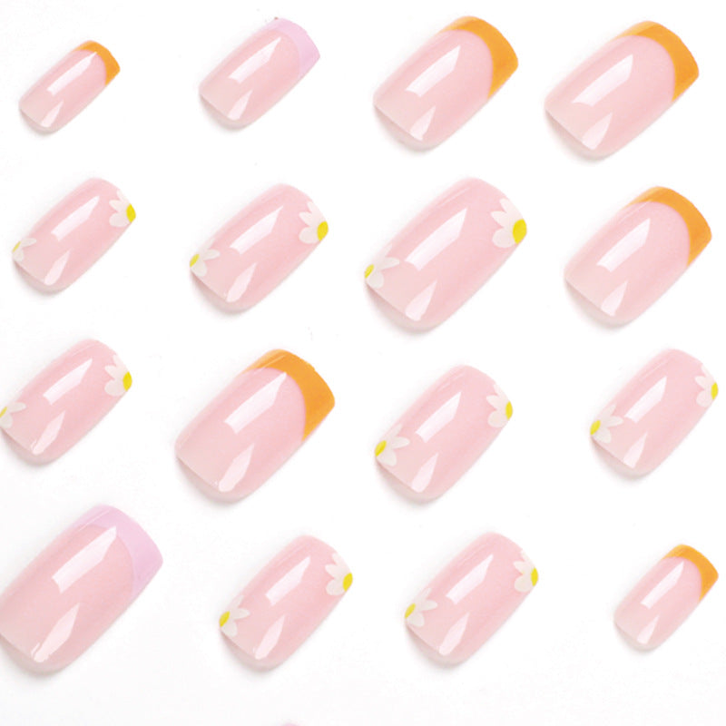 穿戴甲｜法式黃紫色邊緣花朵 可拆卸甲片 批發｜365nails