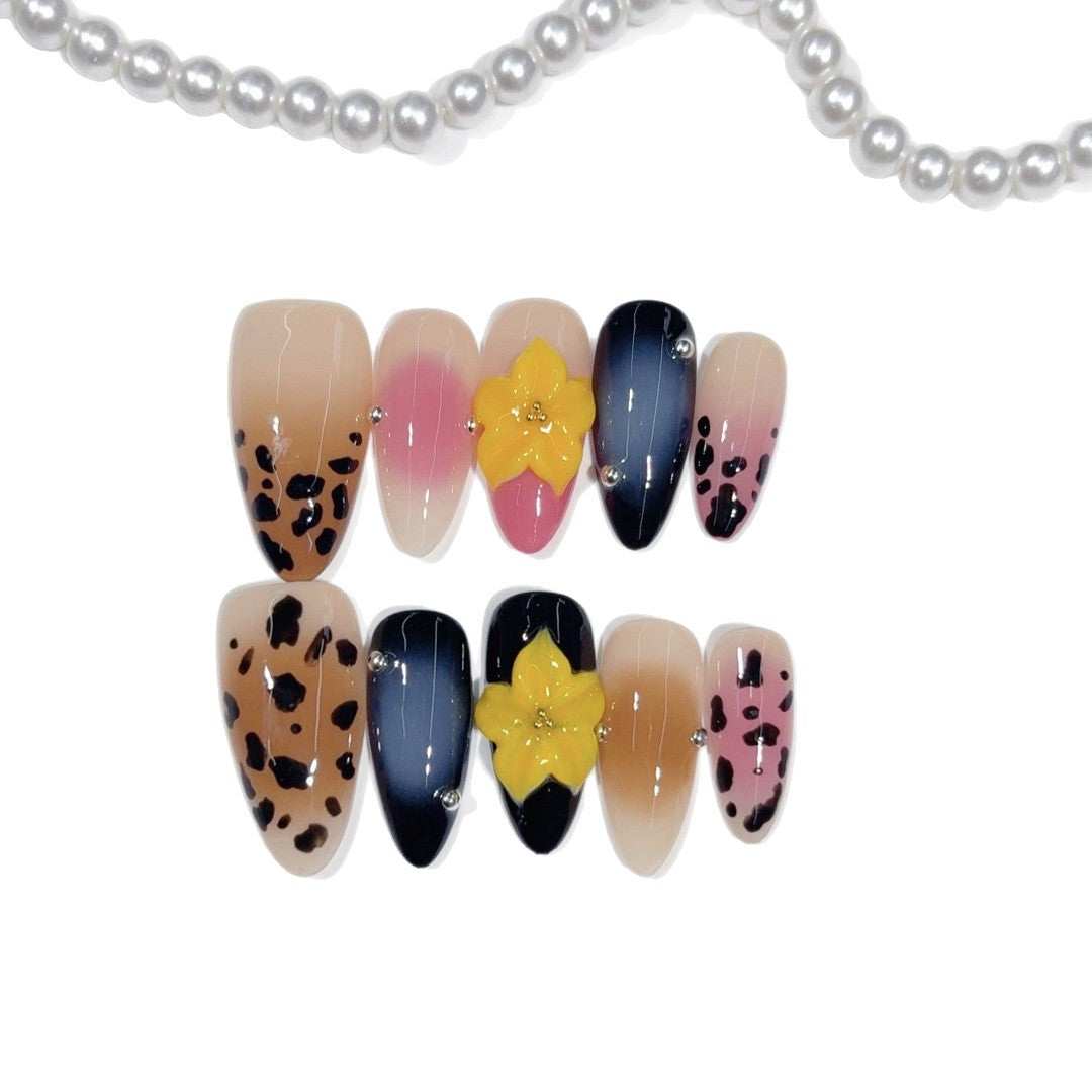 Wild Bloom: "Leopard & Flower" – Medium Almond Handmade Press On Nails