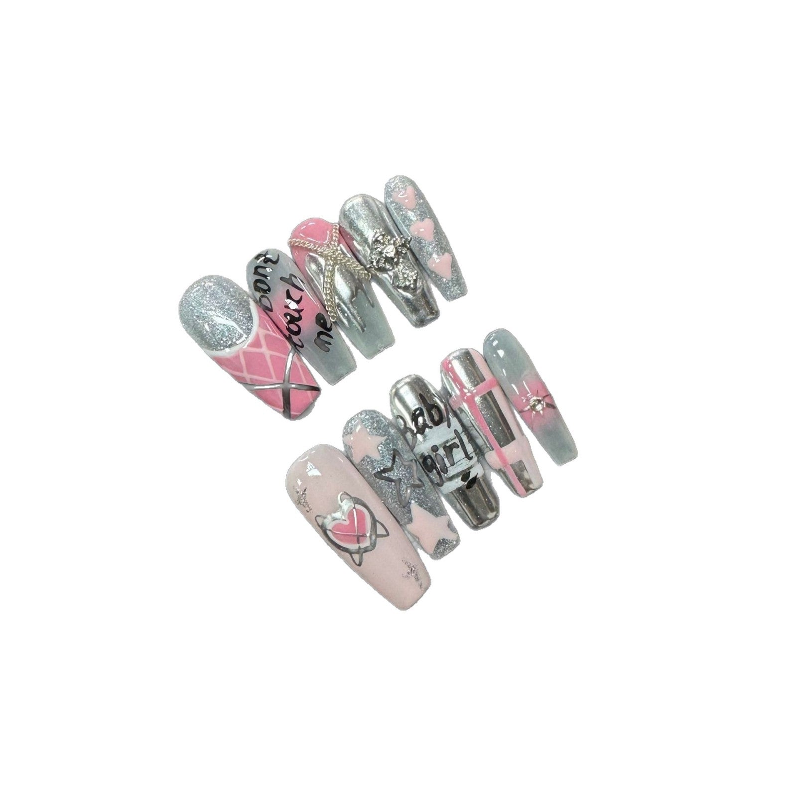 365nails : « Amour rebelle » — ongles press-on fait main, forme coffin, 3D graffiti et cœur