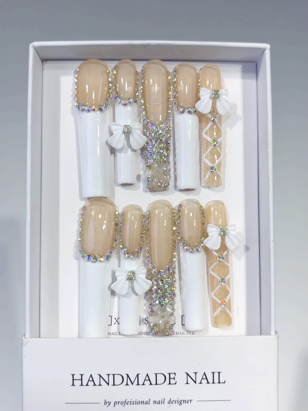 Soft Nude French Bow Crystal Elegance Press On Nails