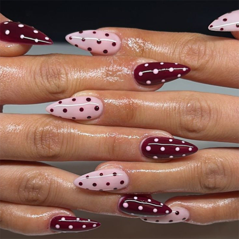 Short Almond Red Dot Pink press-on nails