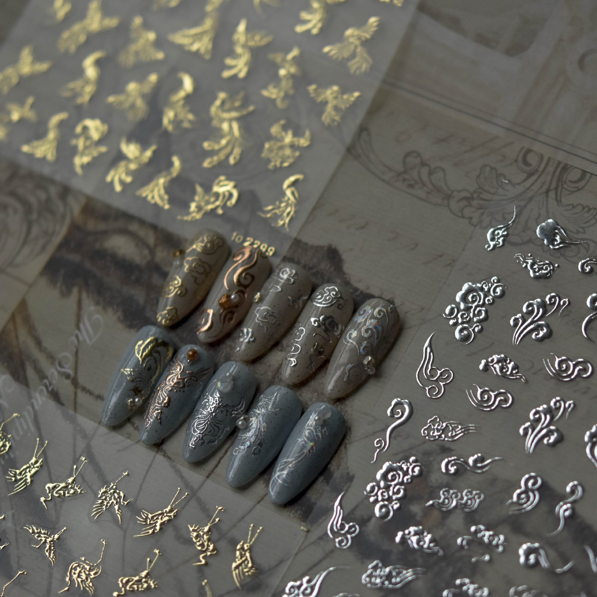Oriental Phoenix & Cloud: "Celestial Phoenix Scroll" – 5D Embossed Nail Sticker