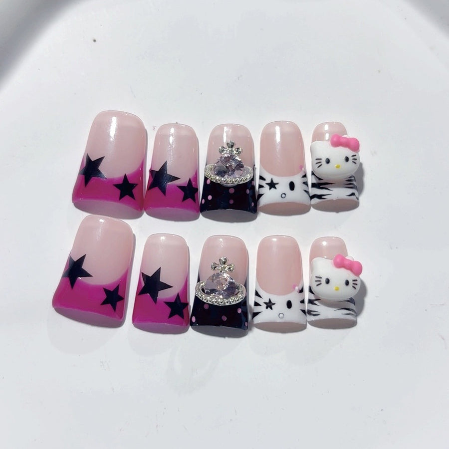 Y2K Punk Kawaii: "Hello Kitty Rockstar" – Short Square Pink & Black Cartoon Handmade Press-On