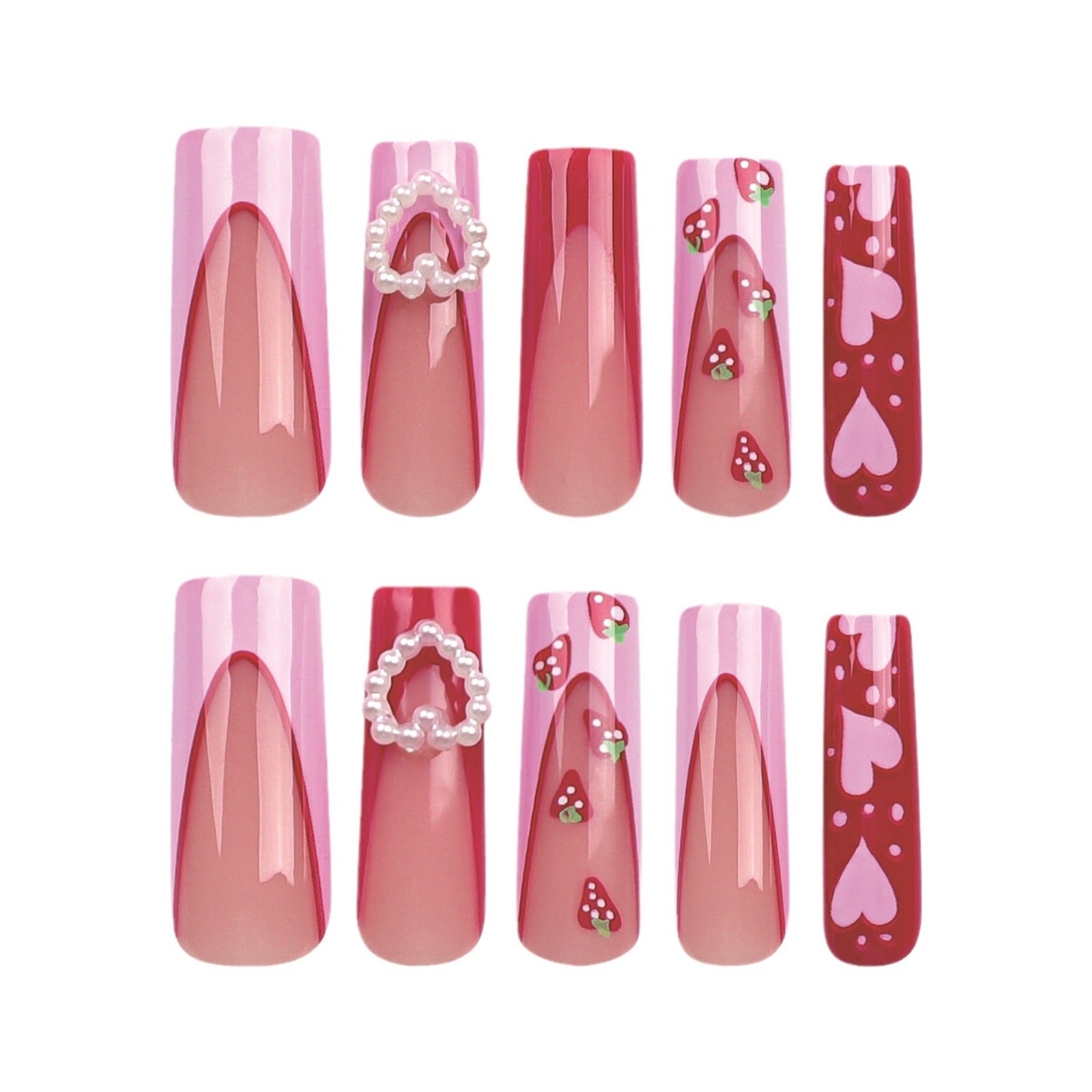 발렌타인 데이 핑크 3D 러브 모양 진주 롱 프렌치 딸기 네일 팁 완제품 도매 ｜365nails