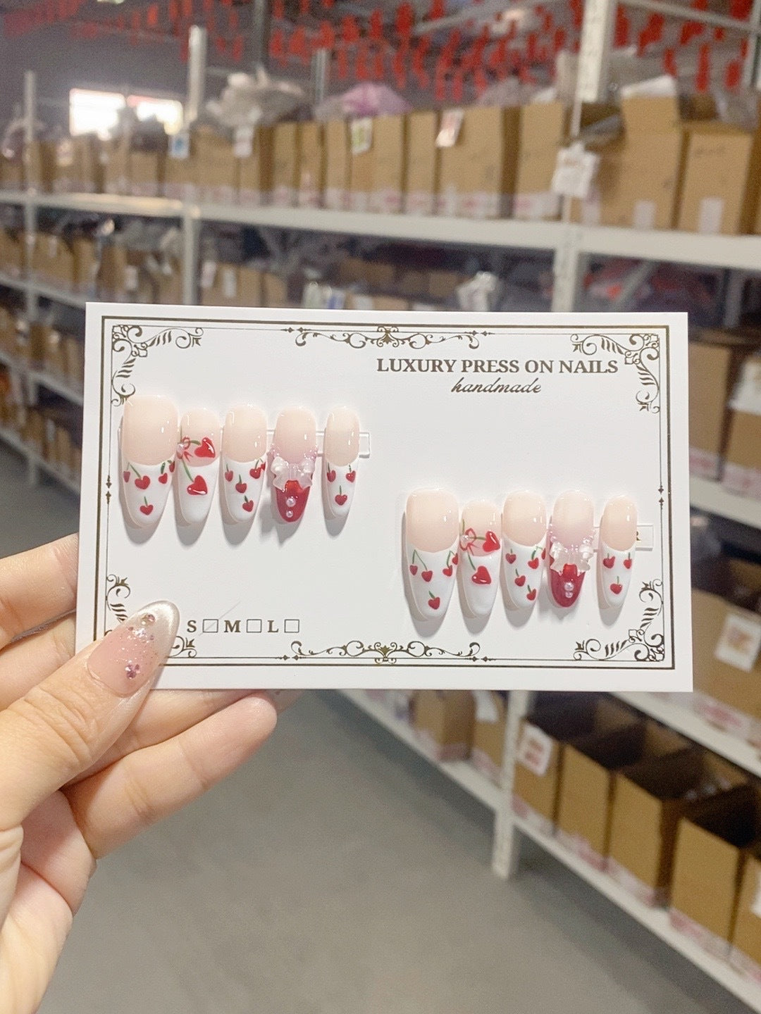365nails-Cherry Sweet: "Cherry Bow" – Square Handmade 3D Carved Press-On Nails