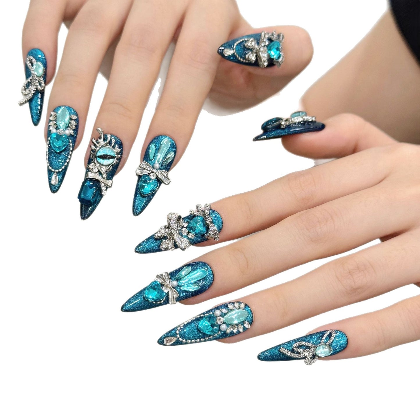 Teal Crystal Glam Sparkling Rhinestone Luxury Press On Nails