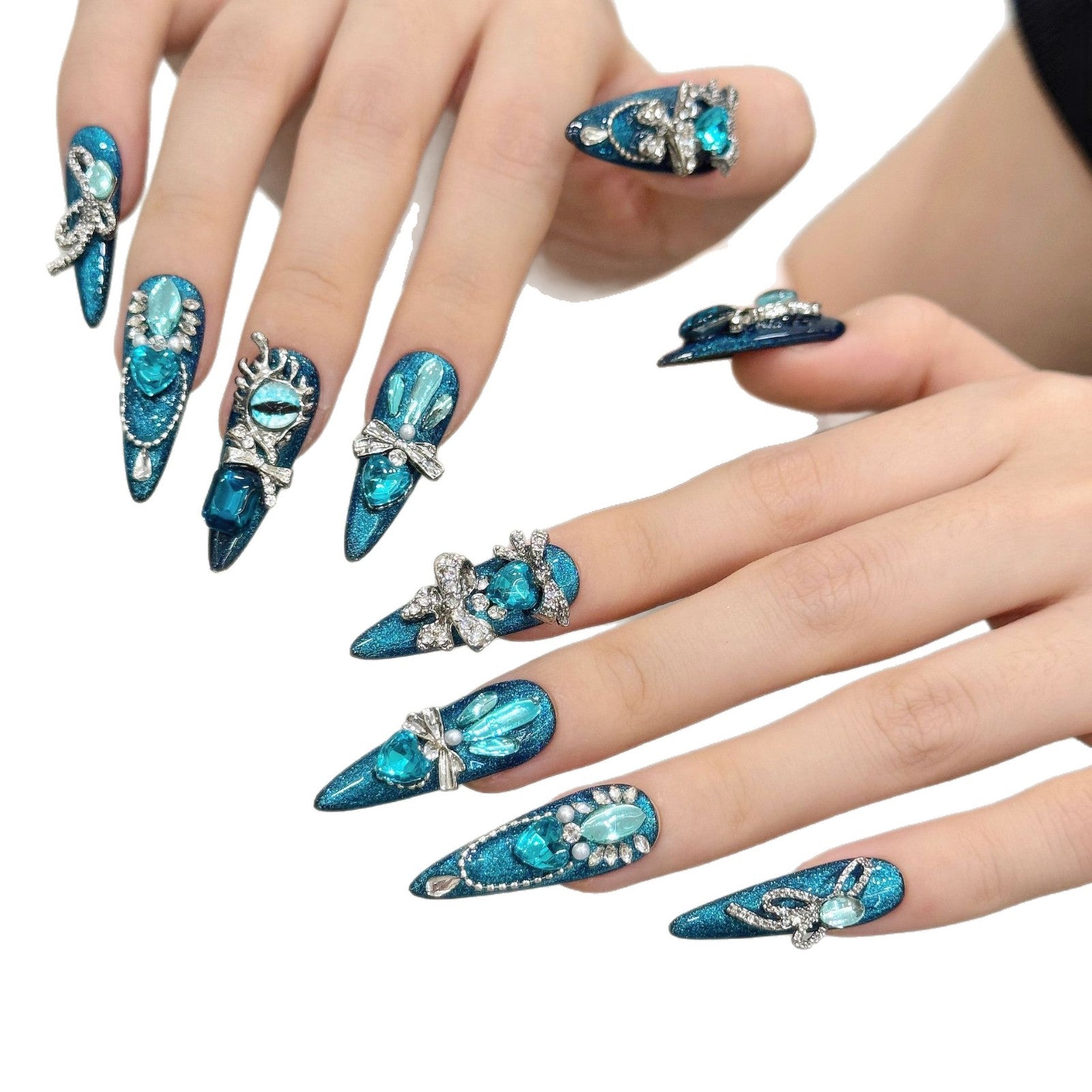 Teal Crystal Glam Sparkling Rhinestone Luxury Press On Nails