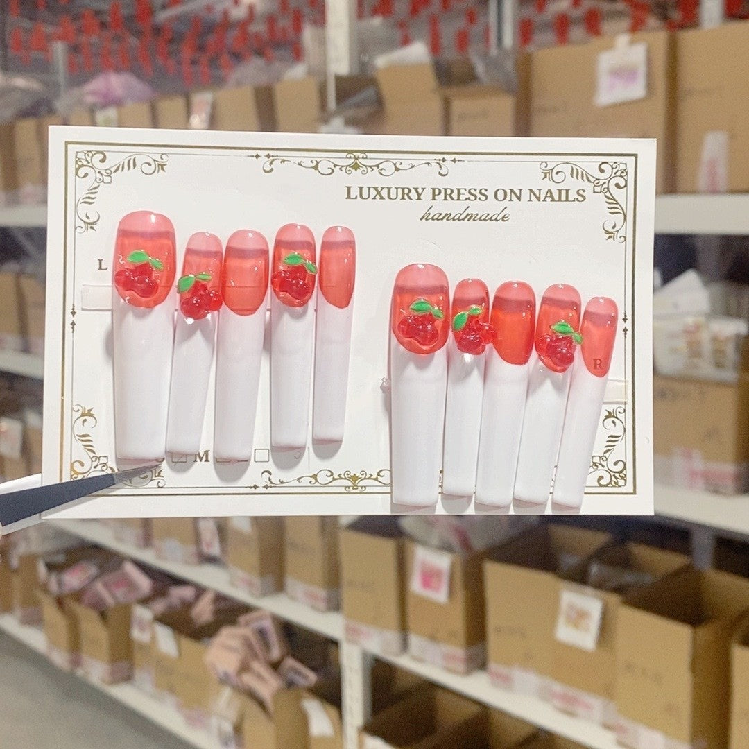 Cherry French White Extra Long Press On Nails