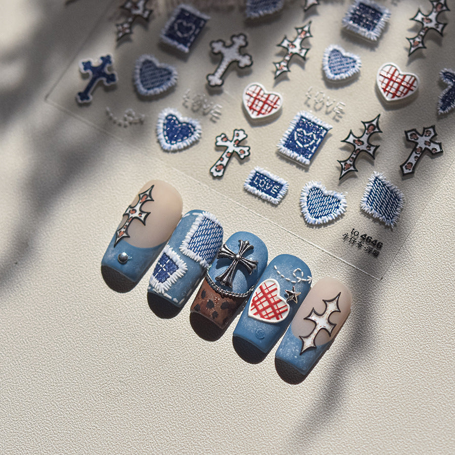 Denim Cross & Heart: "Punk Denim Romance" – 5D Embossed Nail Sticker