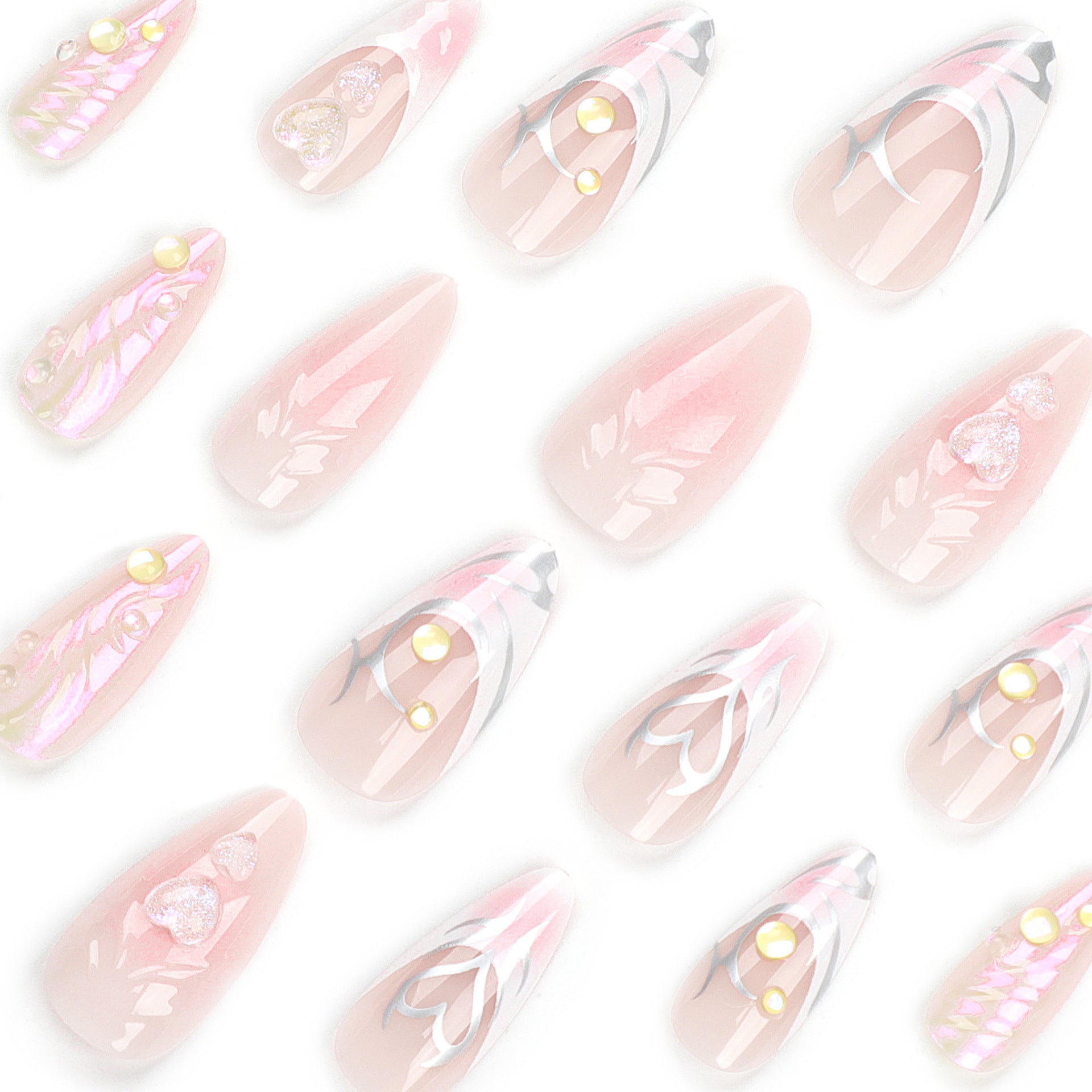 蜜桃愛心法式 3D 杏仁形 美人魚泡泡珠 甲片 成品 批發｜365nails