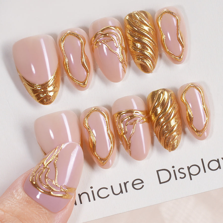"Champagne Gold 3D Swirls" - Elegant 32Pcs Press-On Nails Set