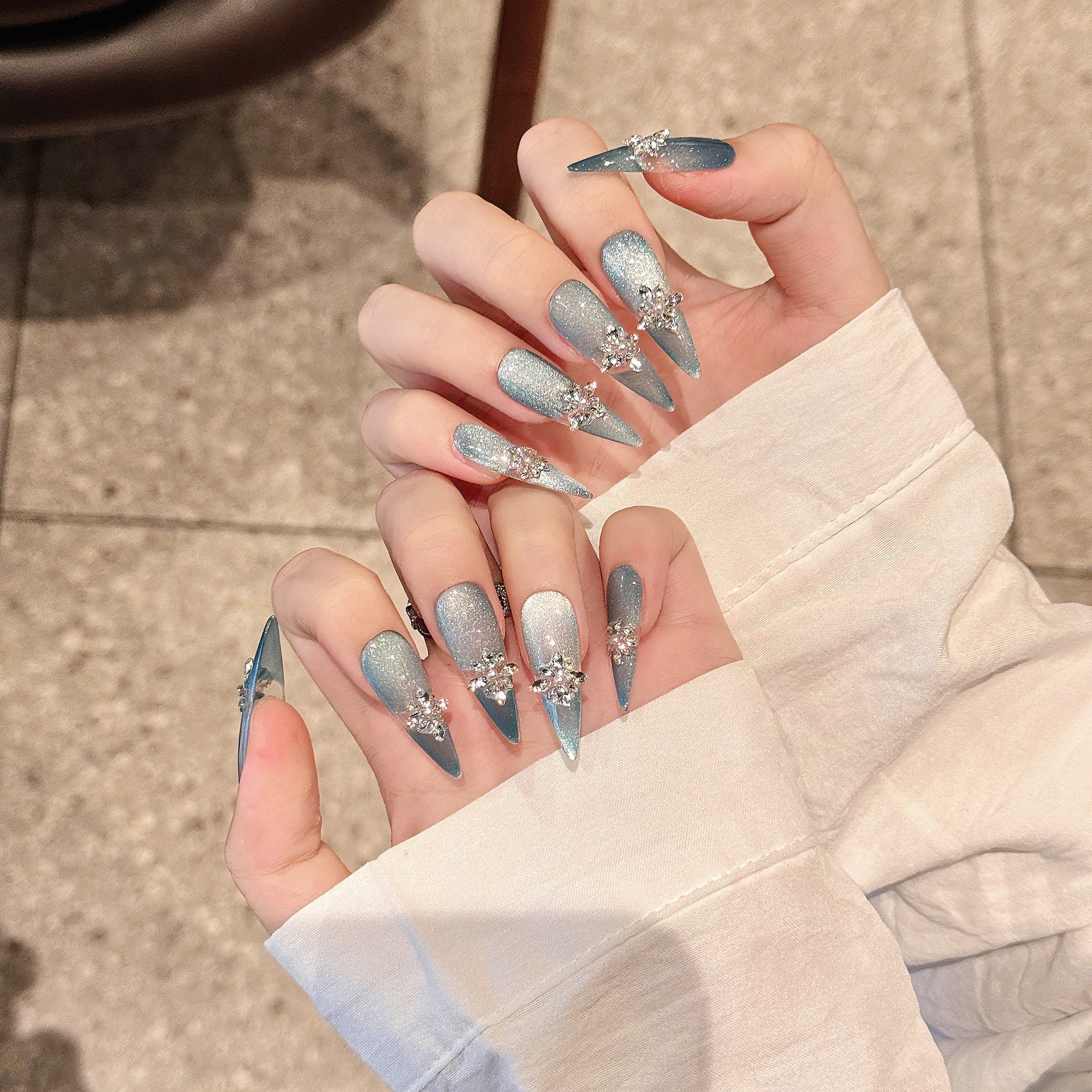 365nails: "Frosted Aurora" – Iridescent Glitter & Crystal Starburst Handmade Almond Nails