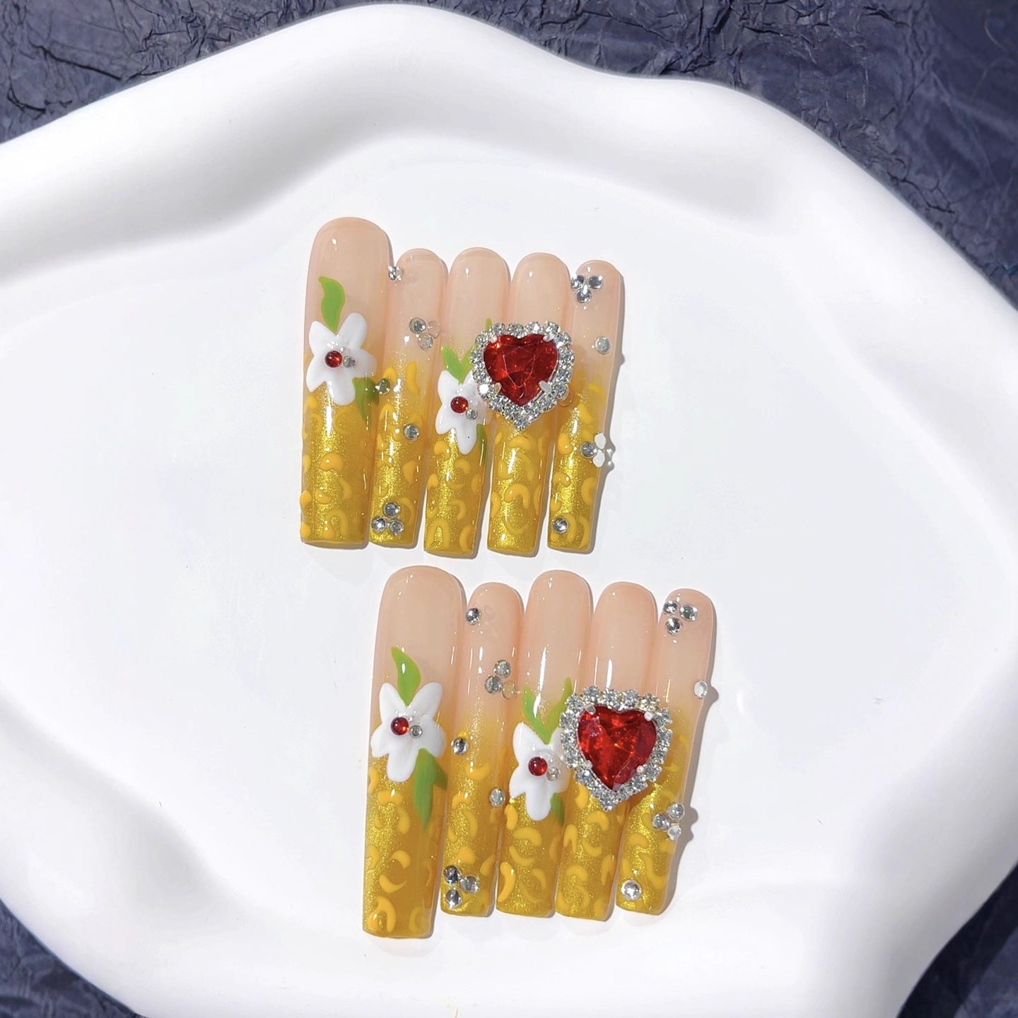 Golden Heart Floral Extra Long Elegant Press On Nails
