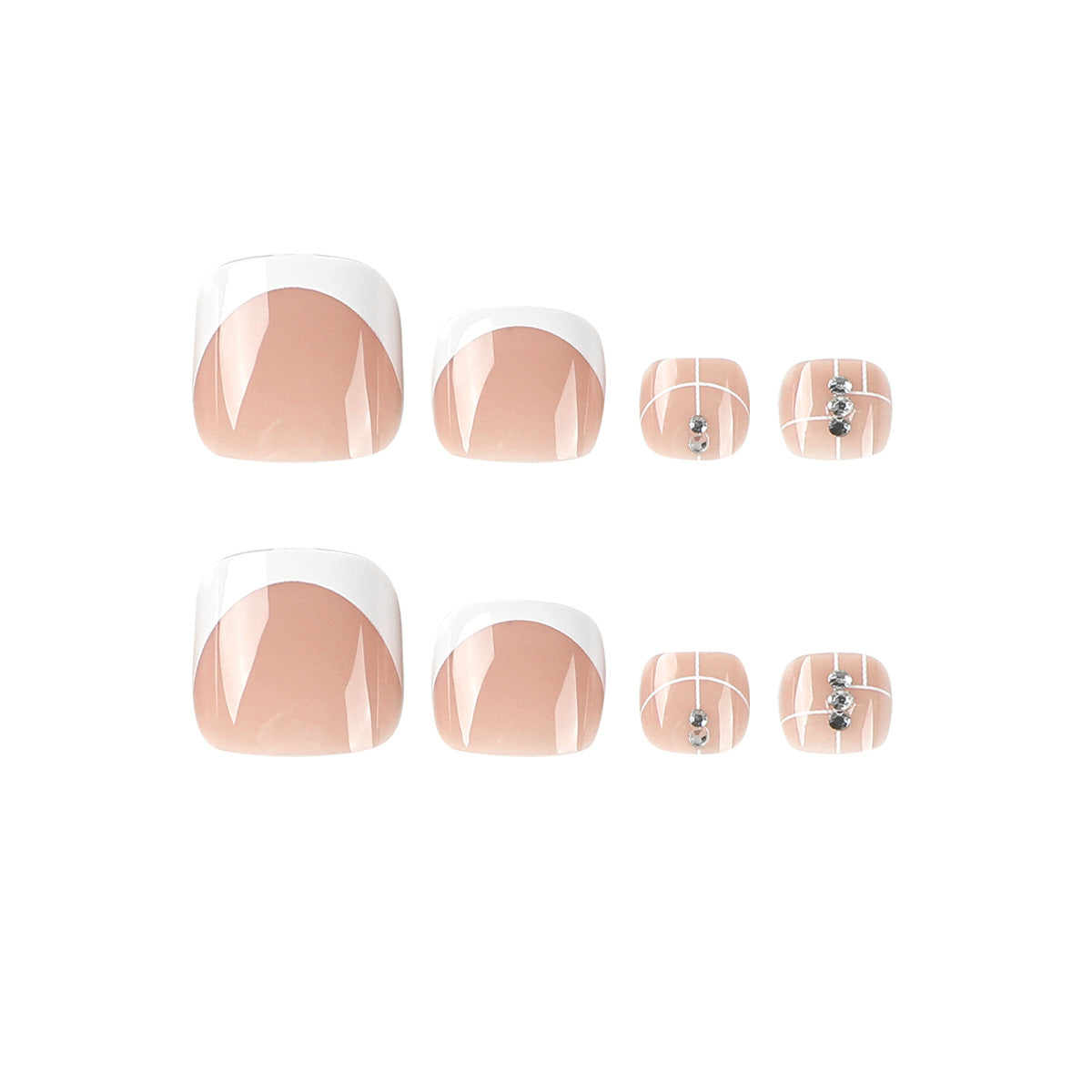 Wear nail short white French rhinestone wear nail and foot nail piece Nail piece Removable wearable nail sticker｜365nails