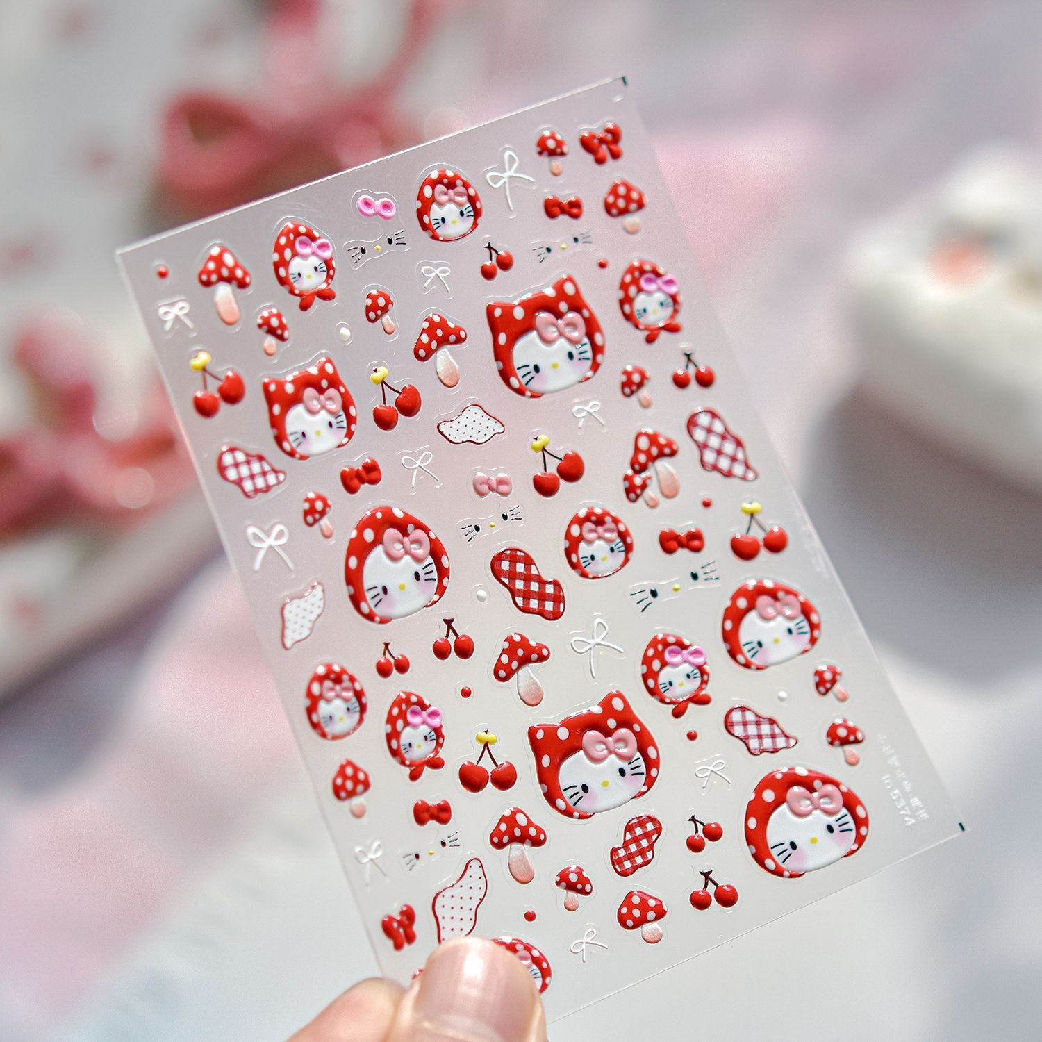 Hello Kitty Red Cherry & Mushroom Collection: "Cute Hello Kitty" – 3D Embossed Nail Sticker